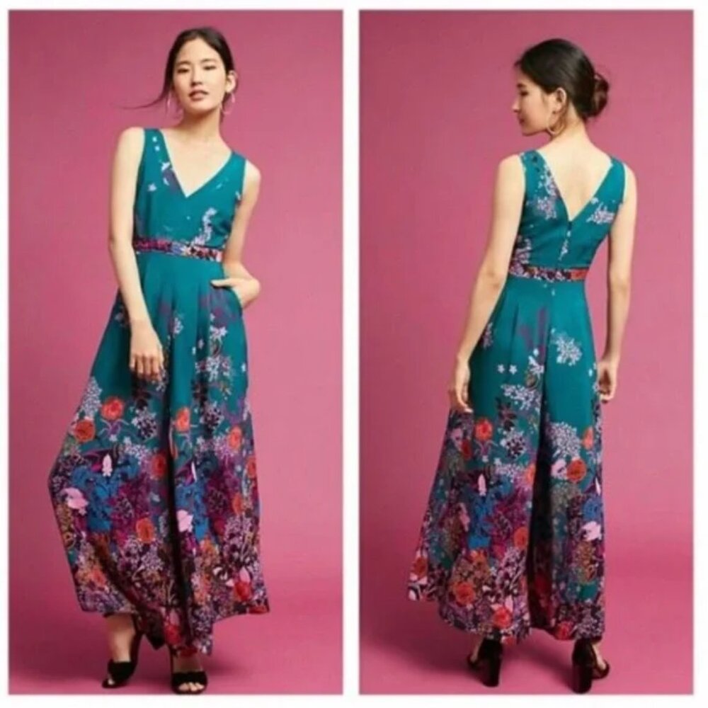 Anthropologie Maeve Teal Floral Andalusia Jumpsuit 6